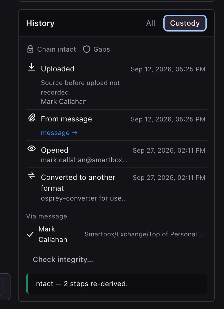 A document's custody history in Smartbox: uploaded, taken from an email, opened and converted, with the chain marked intact after an integrity check.