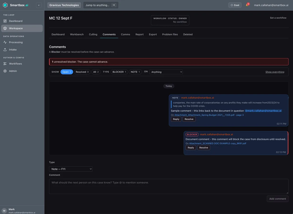 A case's comments in Smartbox: a note and a blocker, each linked to the document it concerns, under a warning that the case can't advance until the blocker is resolved.