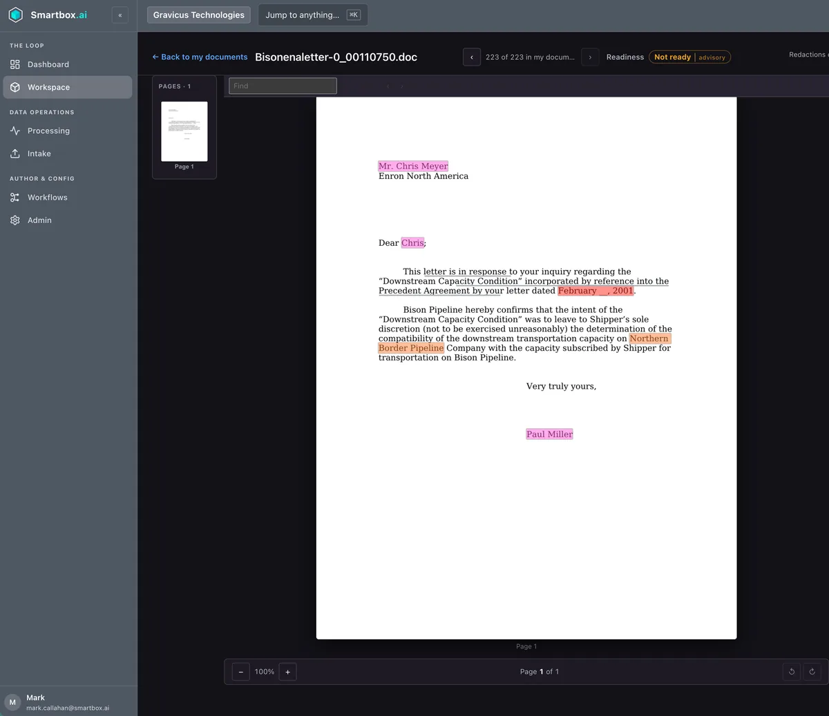 A letter open in Smartbox, with names, a date and a company highlighted in different colours as possible personal data.