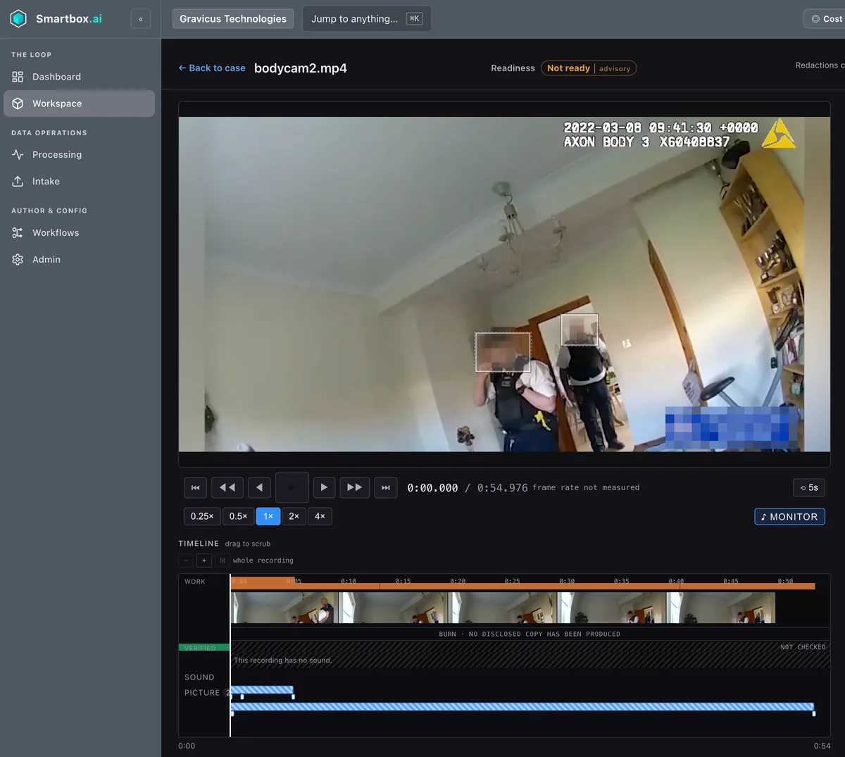 Body-worn video open in Smartbox: two officers' faces are boxed and blurred, and the timeline below has separate lanes for sound and picture.